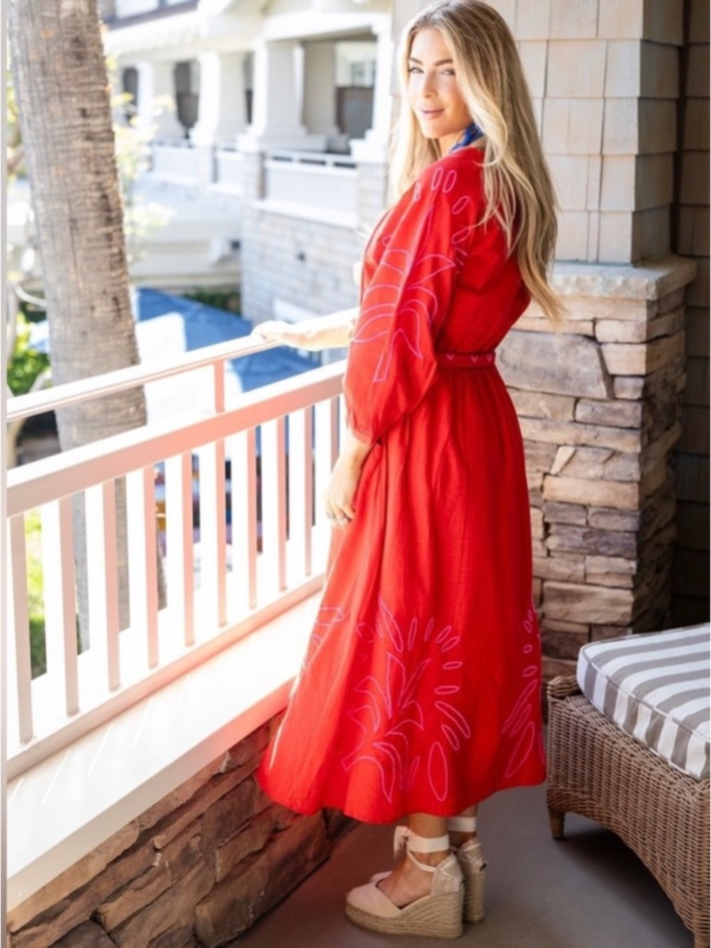NWT Ciebon Eliza Embroidered Red Gauze Cotton A-Line Tropical Boho Midi Dress - Picture 2 of 7